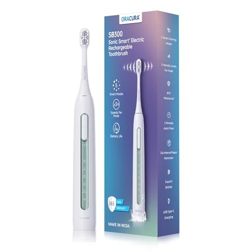ORACURA® SB300 Electric Rechargeable Toothbrush for Men & Women | Green | 4 Vibrant Colors| 36,000 strokes/min| With 5 Modes & 3 Intensity Levels | 2 Minutes Auto-Timer|90 Days Battery Life