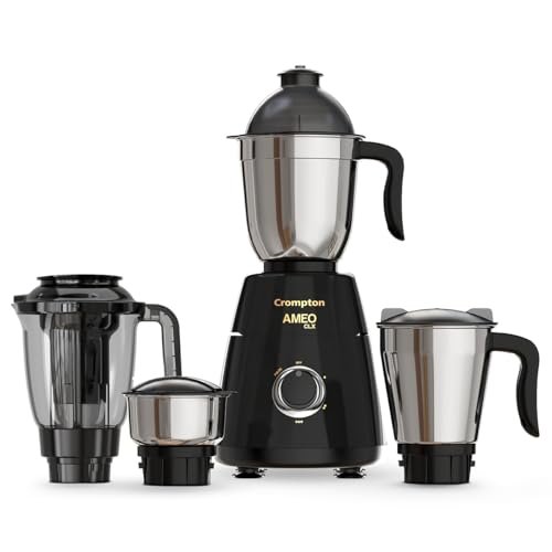 Crompton Ameo Classic 750W Mixer Grinder | Powertron Motor | MaxiGrind Technology | 3 Stainless Steel Jars | 1 Blender Jar with fruit filter | Black