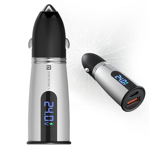 Portronics Car Power Armour 55.5W Fast Car Charger with Emergency Glass Breaker, 33W Type-C PD, 22.5W USB-A Port, LED Display for Voltage Monitoring, for Smartphones, iPhones, Tablets, Earbuds & More