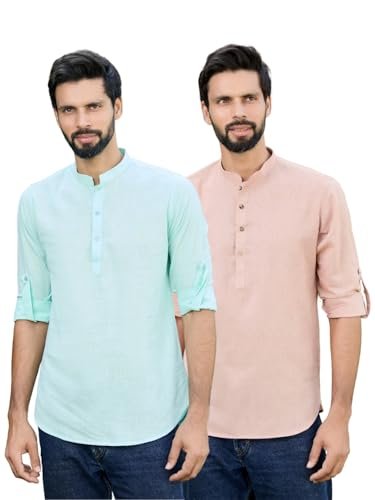 See Designs Men’s Roll-Up Sleeve Mandarin Collar Green & Brown Cotton Solid Short Kurta (Pack of 2) – Festive Collection | – SDCBKT3265S