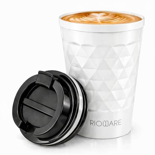Rioware® Vacuum Insulated Travel Coffee Mug with Lid Silicone Seal Keeps Cold for 14 Hours and hot for 8 Hours Hustle-Free Lock System – Stainless Steel 350ml SipPod (White)