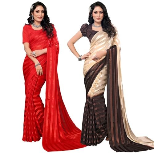 Women’s Multicolor Satin Striped Printed Saree with Unstitched Blouse Piece (Pack of 2) P2_MD_RS_WB_SAT6001_2_WB_SAT6002_11_BZ