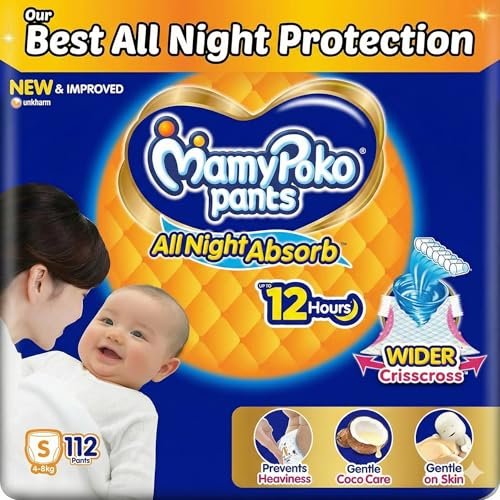 Mamypoko pants All night absorb| Pant Style Baby Diapers Small Size(S), 112 Count, Ideal for upto 5Kgs|1 Diaper= Upto All night Absorption|Wider Crisscross Sheet|Gentle Coco Care| 12hr Leakage Protection| Prevents Heaviness (Pack of 2)