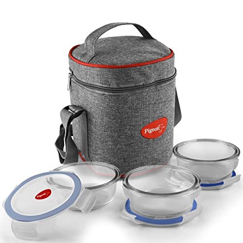 Pigeon Healthy Fresh High Borosilicate Microwavable Lunch Box Set (Set of 3, 400 Ml Each) with Lunch Bag, Office Lunch Box – Glass, Transparent