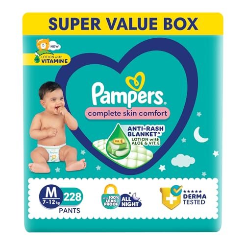 Pampers Complete Skin Comfort Pants, Medium (M) 228 Count, Anti-rash blanket, Lotion with Vitamin E & Aloe Vera, 7-12kg