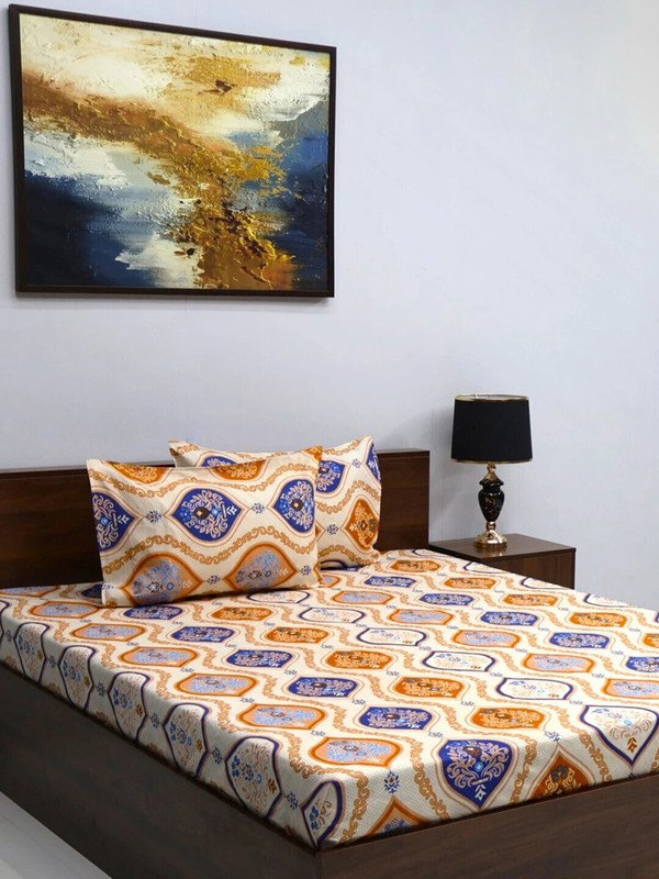 Bombay Dyeing Microfiber Queen Flat 144 TC Abstract 1 Bedsheet with 2 Pillow Covers(New Yellow)