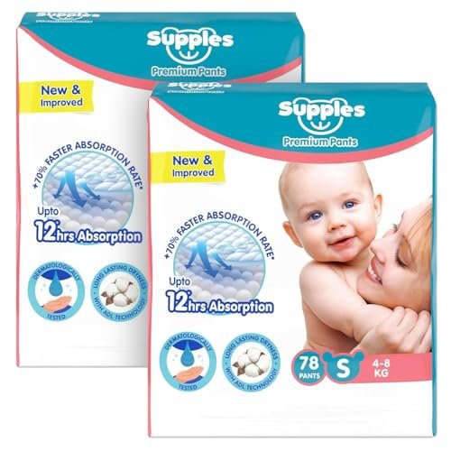 Amazon Brand – Supples Premium Baby Diaper Pants | 156 Baby Diapers | Small | 4-8 Kg | 78 x 2 Packs | 12 Hrs Absorption | Cushiony Cotton Soft Fabric | Phthalates-Free | Triple Leak Guard