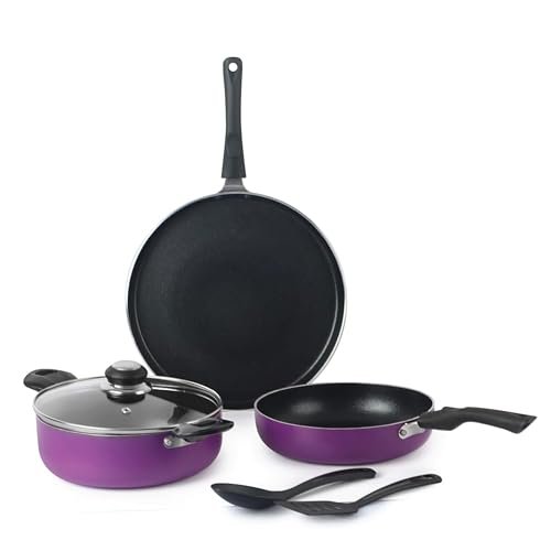 Cello Prima Multipurpose Non-Stick Cookware Set – 6 Pieces | Aluminium | Induction Base | Purple Finish | PFOA-Free | Includes Tawa, Kadai, Fry Pan & Accessories