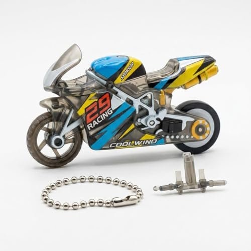 JAYMUKESH & CO. Friction Powered Racing Motorcycle Keychain with Spark Light Effect, Pull Back Sports Bike Keyring, Transparent Body Inertia Drive Mini Bike for Kids Boys Girls Gift