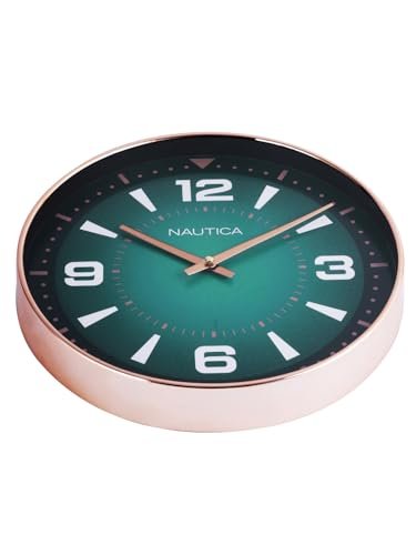 Nautica Modern Wall Clock for Hall with Quartz Silent Sweep Technology | 1pc – 12 Inch(ABS) | Wall Clock for Bed Room, Home, Office, Kitchen & Living Room | Glossy Rim- Teal/Rose Gold