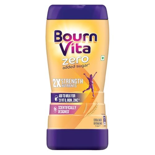 Bournvita Zero Added Sugar Nutrition Drink, 500g Jar | No Added Sugar, No Added Preservatives | 19 Essential Nutrients for Strength