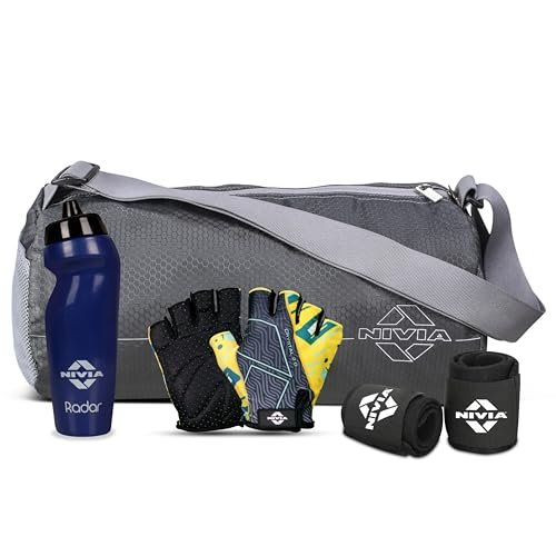 Nivia Basic Gym Combo for Men & Women, Polyester Gym Bag (11 litres), Gym Gloves (Size-L), 625 ml Water Sipper and Wrist Band (Free Size), Pack of 4