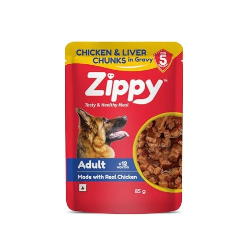 ZIPPY+12 Month Adult Dog Food Chicken & Liver Chunks in Gravy of Real Chicken | Meal Helps Strengthen Your Dog’s Immune System| Minerals Contribute Maintaining Strong Bones & Teeth (Pack of 24)