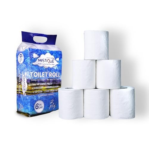 MISTIQUE 2 Ply 180 Pulls Toilet Paper Roll | 180 Pulls x 6 Rolls | Soft and Highly Absorbent | 100% Natural Virgin Pulp | Dispenser Friendly | Super Soft | Family Pack of 6 Rolls