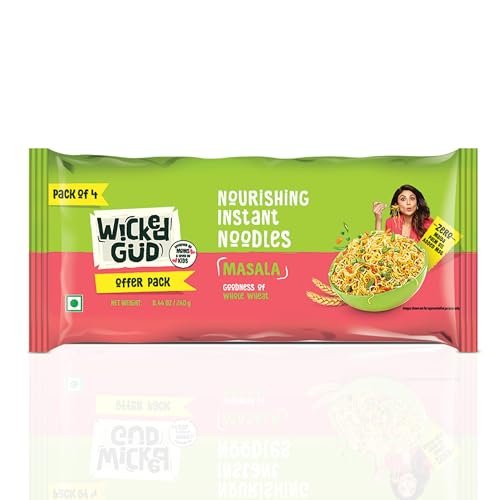 Wickedgud Whole Wheat Masala Noodles 240g (Pack of 4) | No Maida | No Palm Oil | Source of Protein