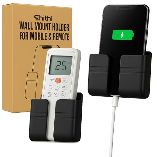 SHITHI Mobile Phone Charging & Remote Holder – Adhesive Phone Stand for Wall, Socket Organizer for iPhone, Android | Cable Management Shelf for Bedroom, Kitchen & Office (Pack of 2)