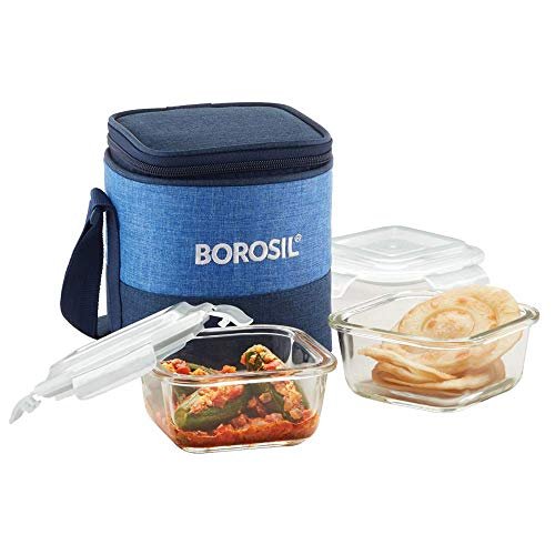 Borosil Prime Lunchbox with Bag | 2pc Square Container Set (320ml Each) | Made in India Borosilicate Glass Tiffin | Microwave & Dishwasher Safe Lunch Box for Office, College & School