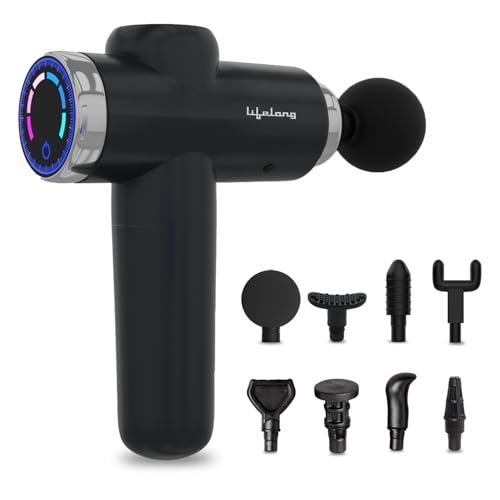 Lifelong Gun Massager for Pain Relief with 8 Massage Heads & LCD Touch Display – Battery Powered – Deep Tissue Massage with 6 Speed Settings for Percussion for Full Body (LLGM171B, Black)