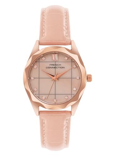 French Connection 3 Hands Pink Round Dial Leather Strap Casual Premium MOP Feature Wrist Watch for Women – FCB11PL