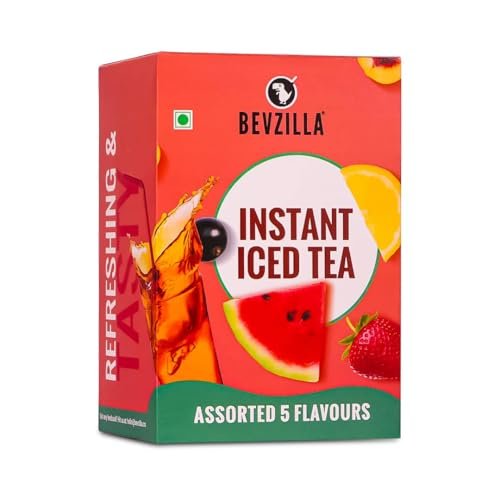 Bevzilla Iced Tea Powder Assorted 5 Flavours Pack, Ice Brew, Cold Brew, Strong and Highly Flavourful, No Artificial Ingredients, 30 Calorie Instant Ice Tea Powder, 30 GM Each Sachet x 5
