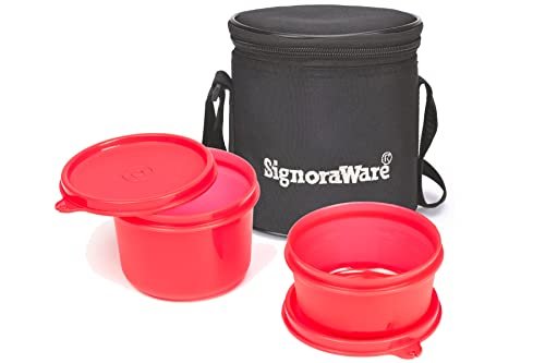 Signoraware Executive Plastic Small Lunch Box Set with Bag, 2-Pieces, Red