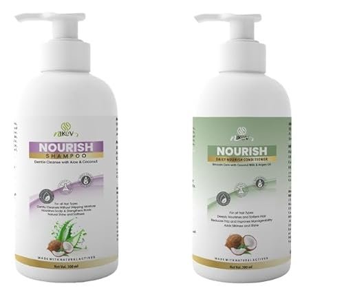 NIKOV Nourish Shampoo & Conditioner Combo | Helps Reduce Dandruff, Hair Fall Control for Frizzy & Dry Hair | Sulfate Free, Paraben Free, Silicone Free | For Men & Women | Aloe Vera, Coconut Milk & Argan Oil | All Hair Types, Daily Use | 300ml + 300ml