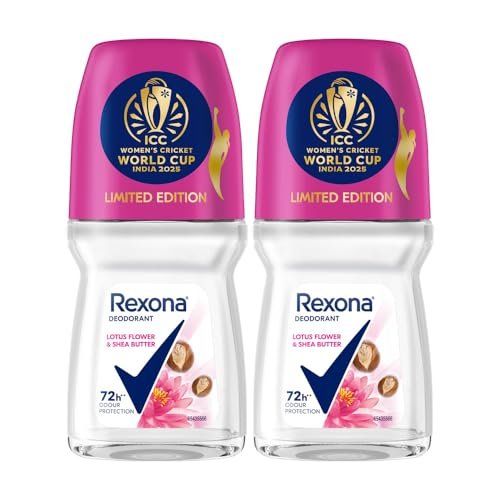 Rexona Lotus Flower & Shea Butter Antiperspirant Roll-On | for Women |72H Odour Protection | Limited Edition Pack – ICC Women’s Cricket World Cup India 2025 |50 ML (Pack of 2)