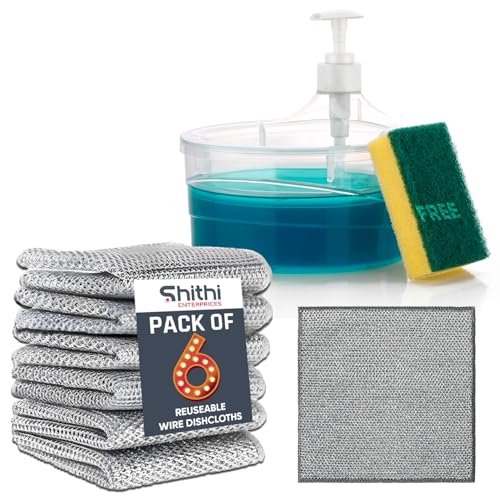 SHITHI ENTERPRISES Double Layer 2-in-1 Liquid Soap Dispenser for Kitchen & Multipurpose Non-Scratch Wire Dishwashing Rags for Wet and Dry Dishwash Cloths (Pack of 6)