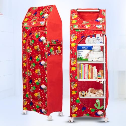 Bumtum Baby Wardrobe Multipurpose 6 Shelve |Foldable Almirah| Baby Wardrobe for Clothes Storage | Baby Wardrobe Cover | Baby Almirah with Wheels (Red)