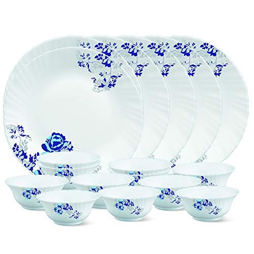 Larah by Borosil Glass Blue CascadeThali Set (White) – 18 Pieces