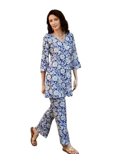 NAINVISH Women’s Cotton Blend Printed Straight U-Neck Co-ord Set (SD660_KB-L_Blue & White)
