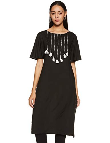 Rare Roots Women’s Rayon Straight Kurta (RR461A- Black_Large)