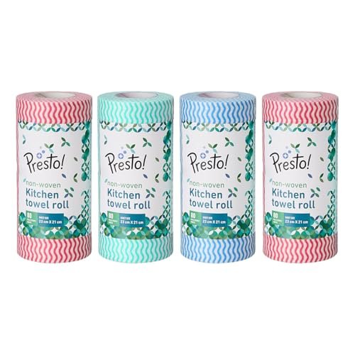 Amazon Brand – Presto! Non-Woven Kitchen Towel Roll | 80 Pulls (Pack of 4) | Size: 23 x 21 cm | Wavy Pattern (Red, Blue & Green) | Washable and Reusable | Highly Absorbent | For Daily Use