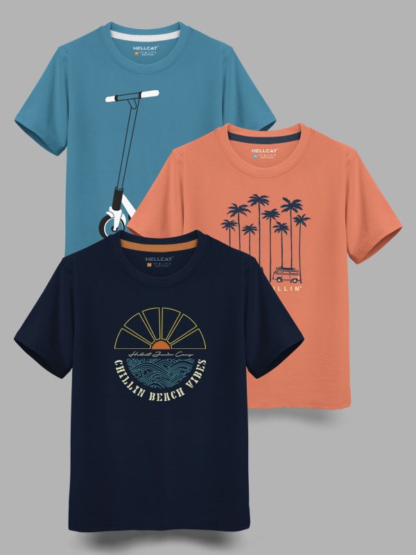 Hellcat Boys Graphic Print Cotton Blend Regular T Shirt(Multicolor, Pack of 3)