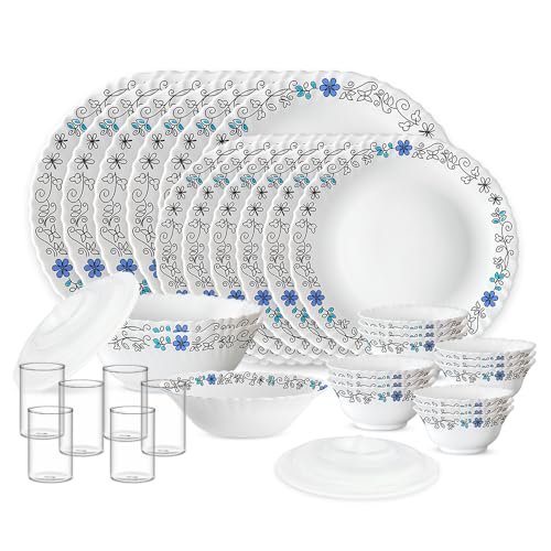 Larah by Borosil Silk Series Blue Iris Opalware Dinner Set with Vision Glass | 35pcs for Family of 6 | Microwave & Dishwasher Safe | Bone-Ash Free | Crockery for Dining & Gifting | White, Plate & Bowl