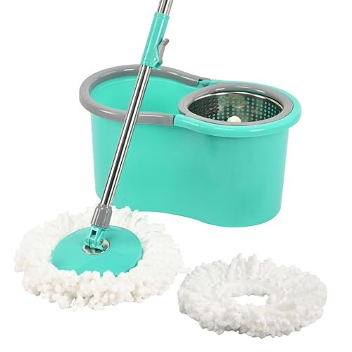 Urbane Home Plastic Spin Mop with Stainless Steel Wringer | Big Bucket Moppers for Cleaning Floor, 2 Refills | 360° Floor Cleaner Mopping Set for Home & Office | Pocha Stick – (Mint Green)