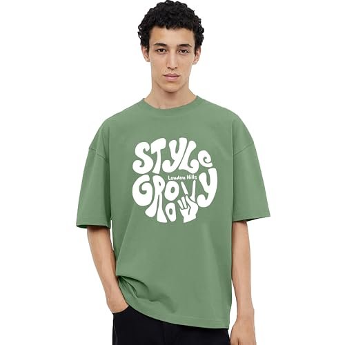 London Hills Printed Men Round Neck Oversized T-Shirt LH_T_OS_Style_Groovy_109_Green_Size_M.