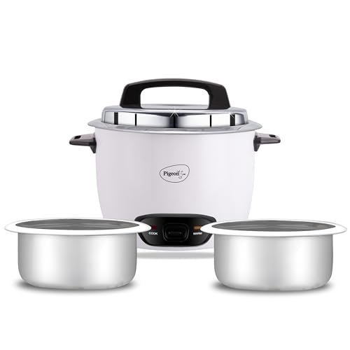 Pigeon by Stovekraft Joy Rice Cooker with Double pot, 1 litres. (White) | Toughened Glass Lid | 400 Watts | 2 Aluminium Cooking Pots | Measuring Cup| Spatula | Energy Efficient Cooking
