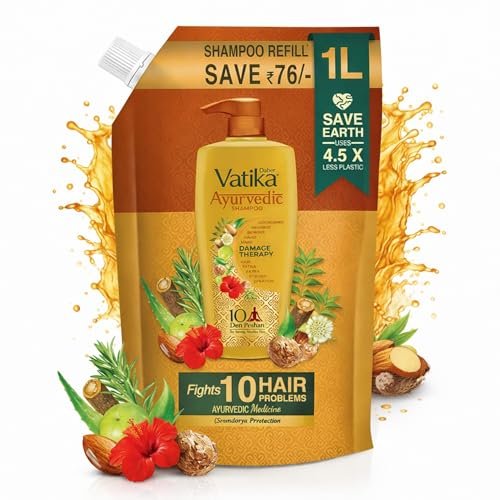 Dabur Vatika Ayurvedic Shampoo Refill Pouch – 1 L | Damage Therapy | Power of 10 Ingredients for Solving 10 Hair Problems | No Parabens | For All Hair Types