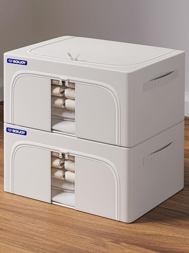 BOXJOY Cloth Organizer for Storage Pack of 2 Foldable Strong Steel Frame Box for Clothes Saree Dress Clear Window Front & Top Open Almirah Wardrobe Organiser Boxes Closet for Cupboard Shelves, 24L