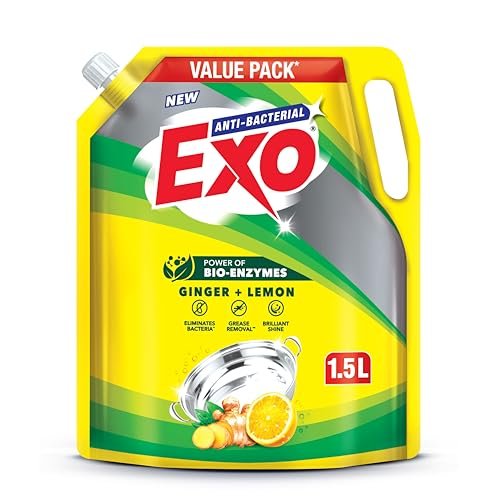 Exo Anti-Bacterial Liquid Dishwash Gel – 1.5L Value Pack| Anti-Bacterial Formula with Ginger & Lemon for Sparkling Clean Utensils |Powered with Bio Enzymes for Tough Grease Removal & Brilliant Shine