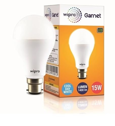 wipro Garnet 15W LED Bulb for Home & Office |Cool Day White (6500K) | B22 Base|220 degree Light coverage |4Kv Surge Protection |400V High Voltage Protection |Energy Efficient | Pack of 1