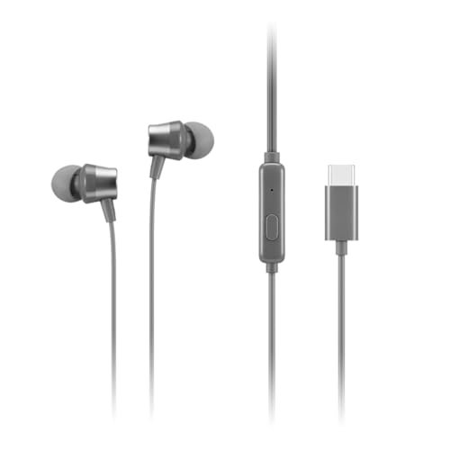 Lenovo – 300 Wired in-Ear USB-C Earphone – in-Line Microphone – USB-C Connectivity – Play & Pause Button – 3 Sizes Silicone Ear Tips Included, Grey