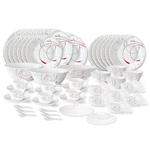Larah by Borosil Boro Fluted Series Opalware Dinner Set | 66 Pieces for Family of 6 | Microwave & Dishwasher Safe | Bone-Ash Free | Crockery Set for Dining & Gifting | Plates & Bowls | White