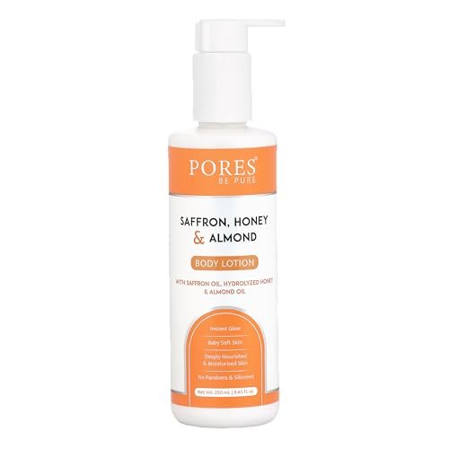 PORES BE PURE Body Lotion with Saffron, Honey & Almond | Instant Glow, Deep Nourishment & Baby Soft Skin | Paraben & Silicone Free Daily Moisturizer for All Skin Types – 250ml