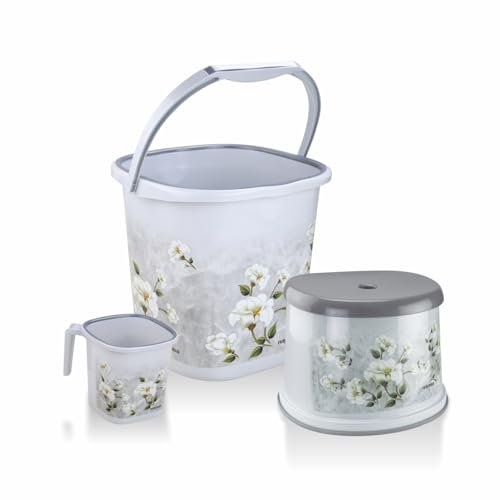 Nayasa Square Ring Marble Plastic Set for Bathroom | 25 Liters Bucket & 1.5 Liters Mug | Bathroom Set of 3 | Accessories Set | Bucket and Mug with Stool | Grey