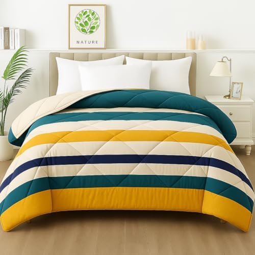 BSB HOME 2nd Gen 220 GSM Microfiber Reversible AC Comforter/Blanket for Winter/Quilt/Duvets for King Size Double Bed (220 X 230 cm, Striped Printed- Mustard Yellow and Green)