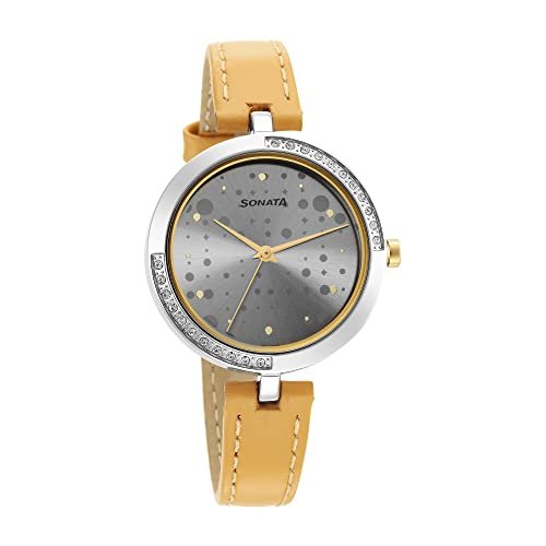 Sonata Utsav Grey Dial Peach Leather Strap Analog Watch for Women-NR8184BL01