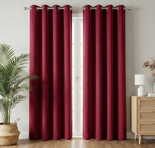 VAS COLLECTIONS 100% Blackout Door Curtains, 7 Feet (121×215 cm) Set of 2, Plain, Thermal Insulated, Room Darkening Curtains for Living Room, Bedroom, (Maroon)