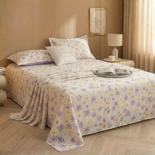 BSB HOME Cloud Cotton King Size bedsheet | Flatsheet Summer Sheet with Two Pillow Covers | Super Soft Bed Sheet for King Size Bed Durable| Floral Design (270 x 250 cm, Off White & Lavender Blossom)